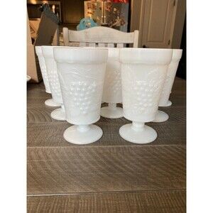 Vintage footed milk glass goblet cups with grapes and vine design